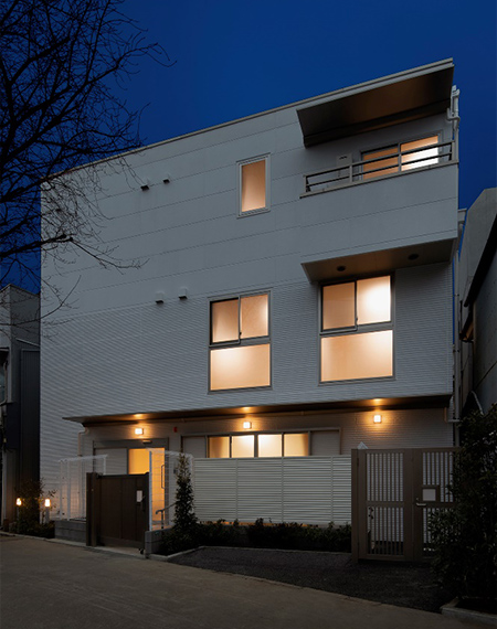 View of the west side of the building at night