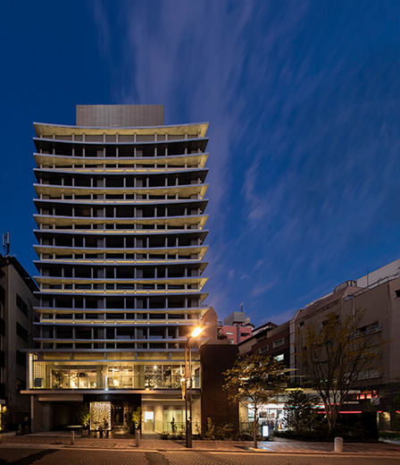 External view of the hotel at night