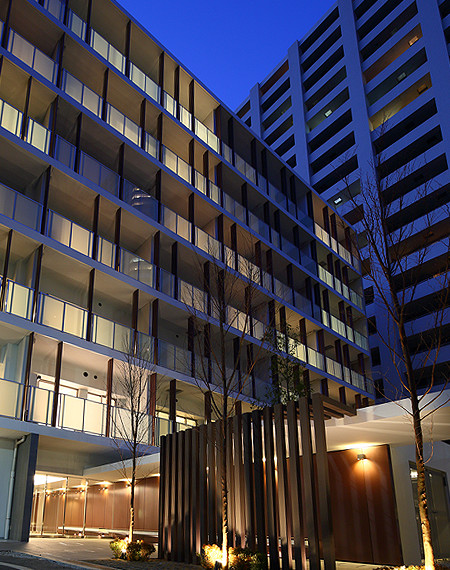 View of the east side of the building at night